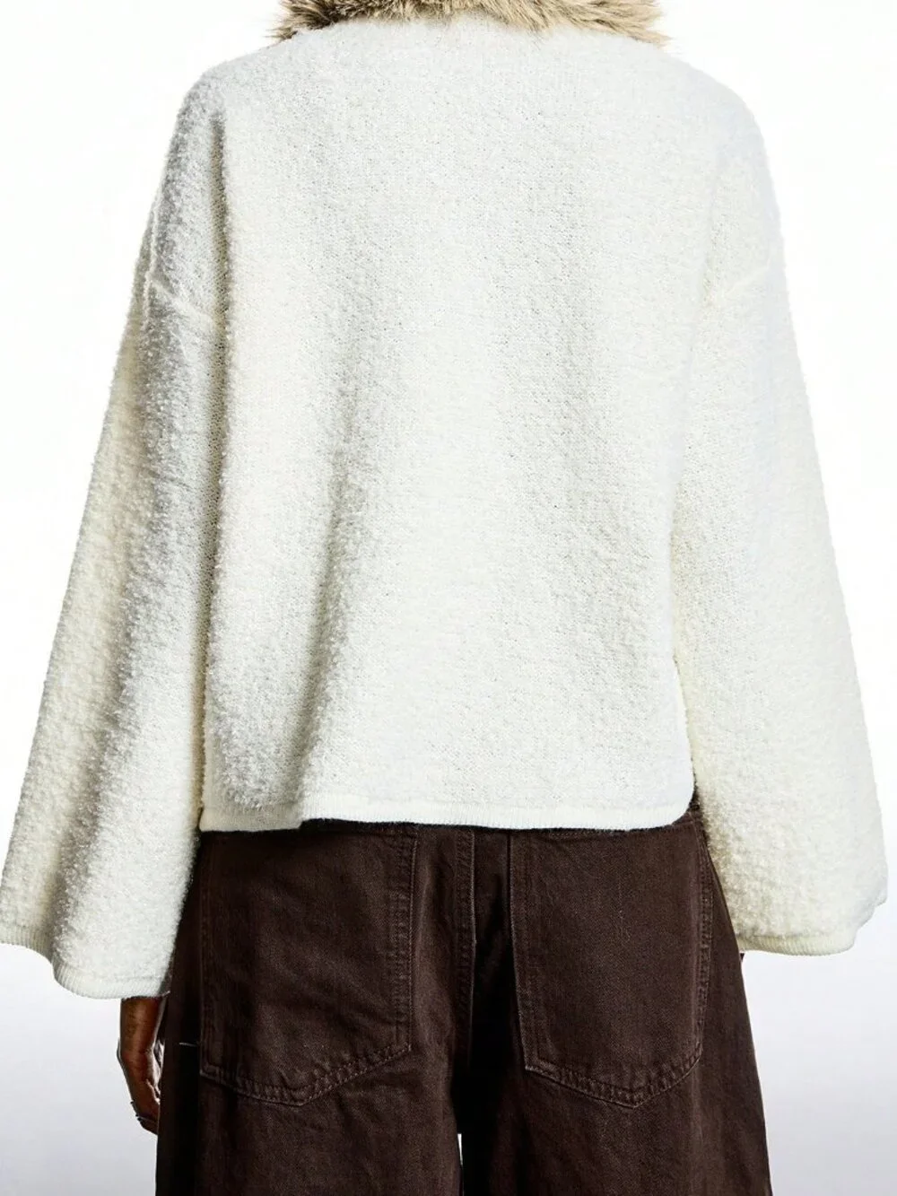 Beige Casual Women's Polka Dot Elegant Fur-Collar Long Sleeve Cardigan